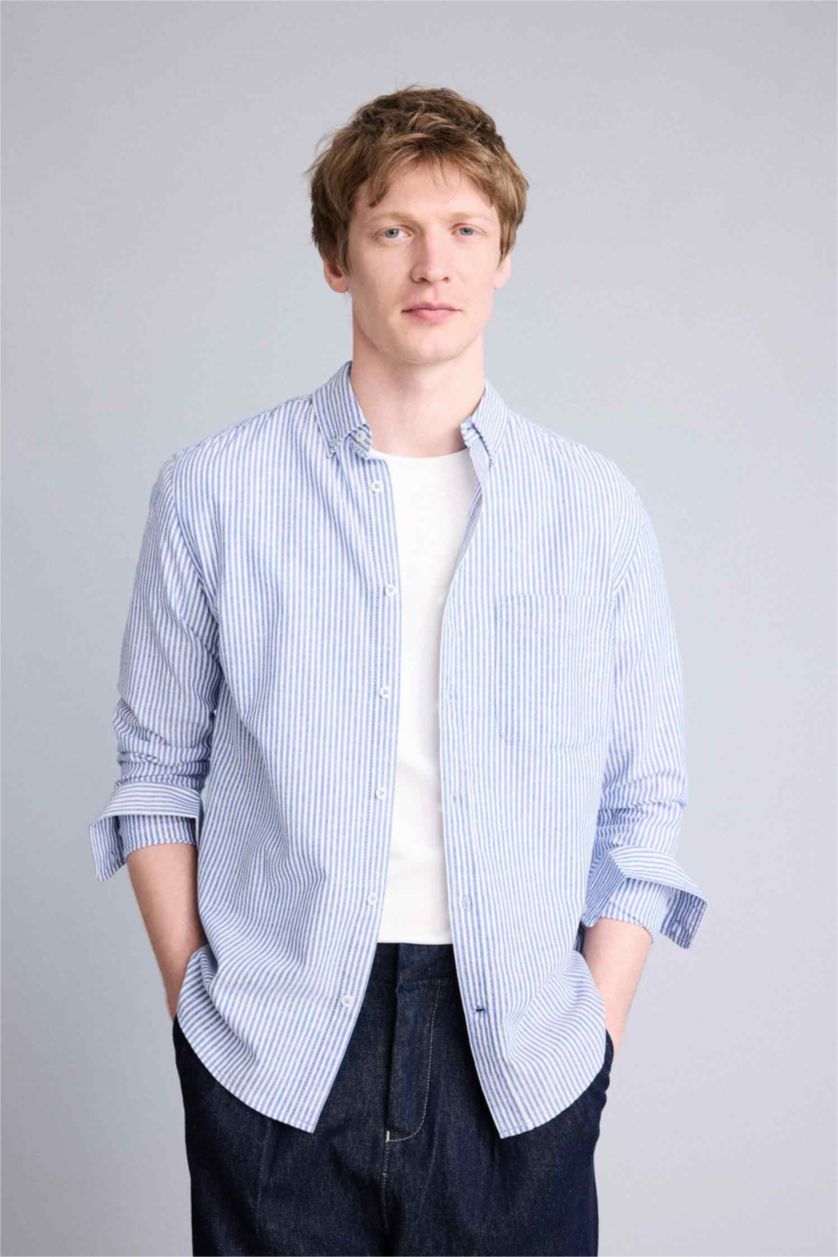 رجالي أزرق قميص من مزيج الكتان