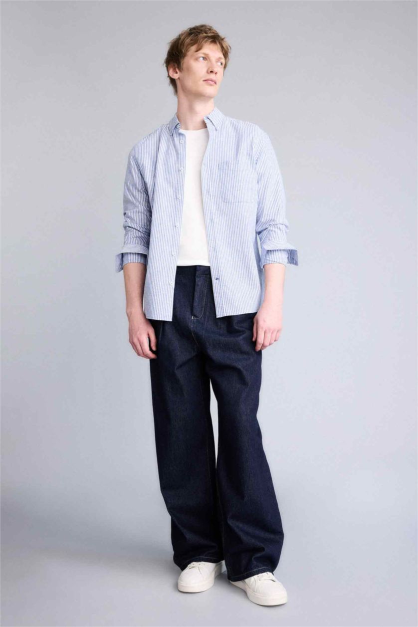 رجالي أزرق قميص من مزيج الكتان