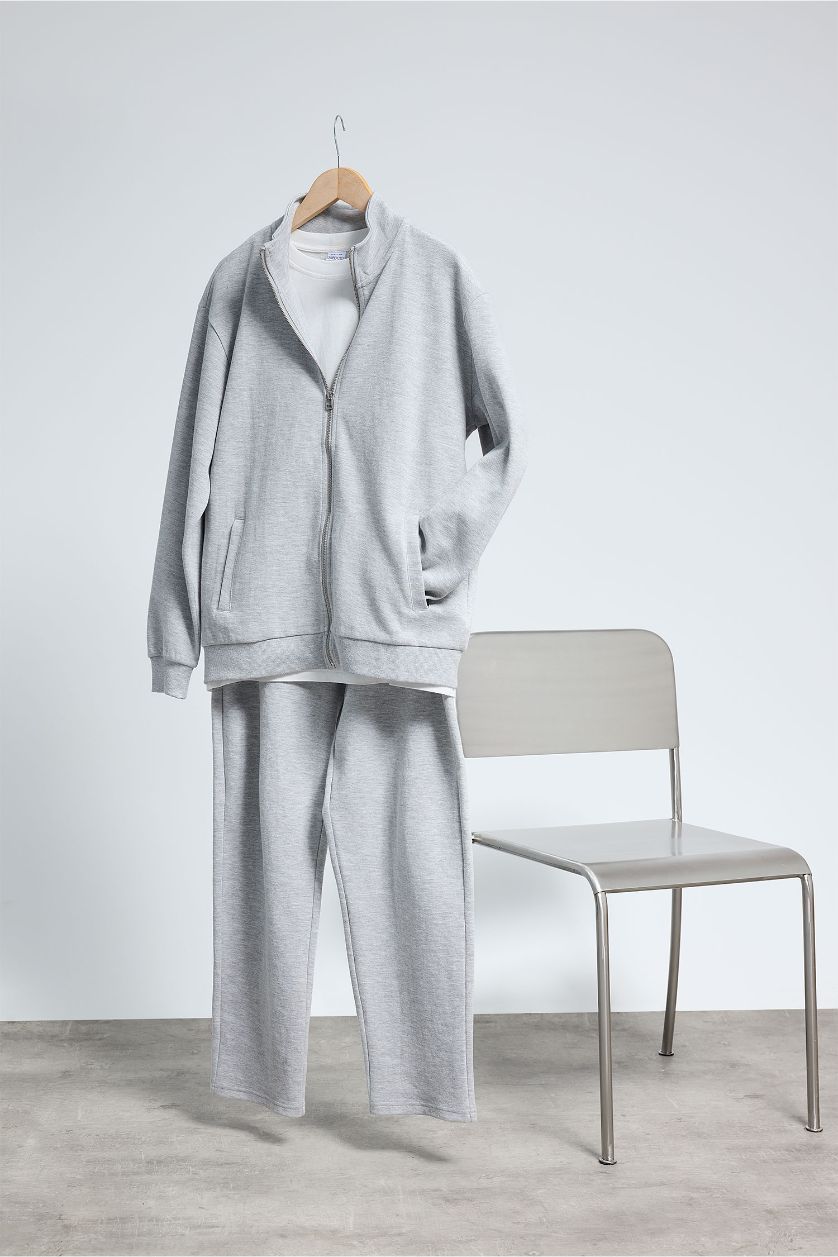 Erkek Gri Melanj Dik Yaka Fermuarlı Hırka