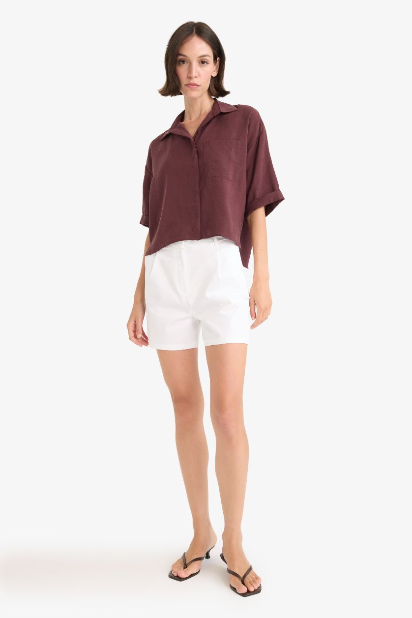 Kadın Bordo Loose Fit Modal Kısa Kollu Gömlek