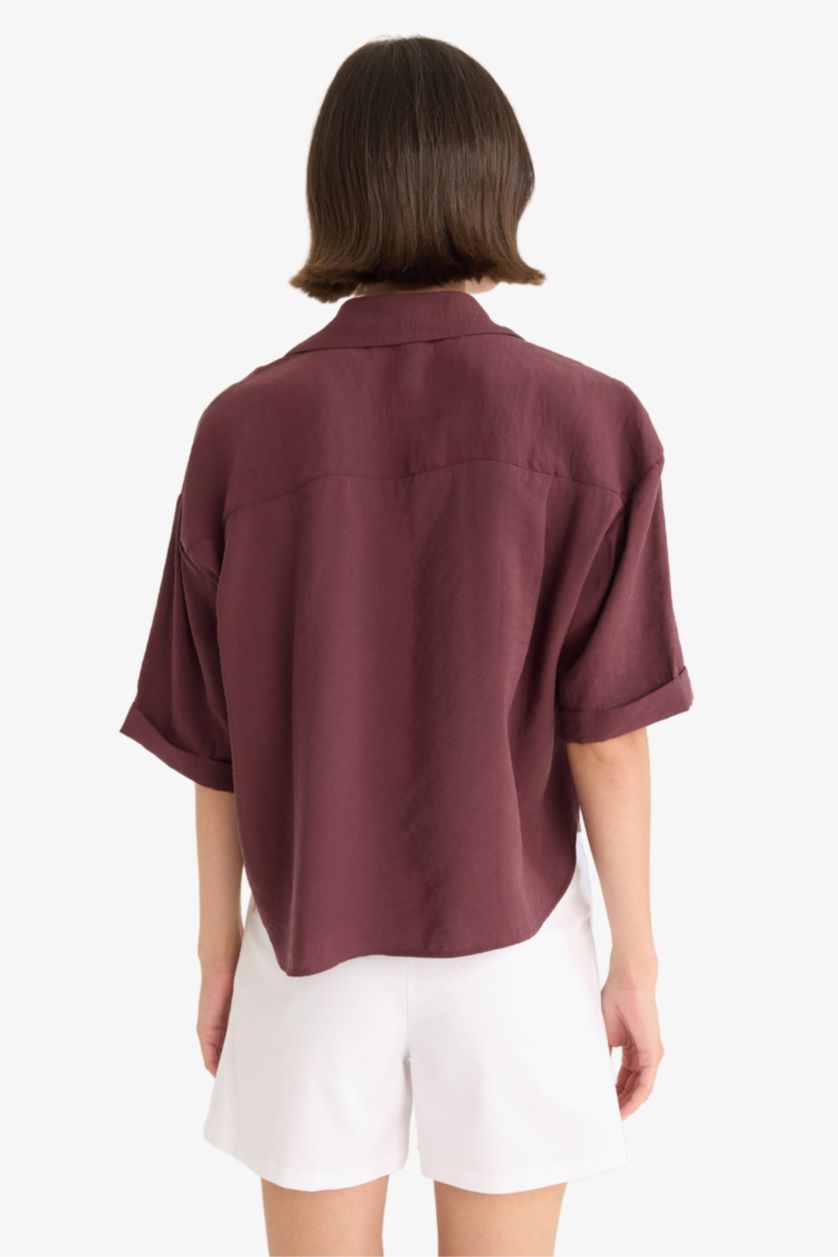 Kadın Bordo Loose Fit Modal Kısa Kollu Gömlek