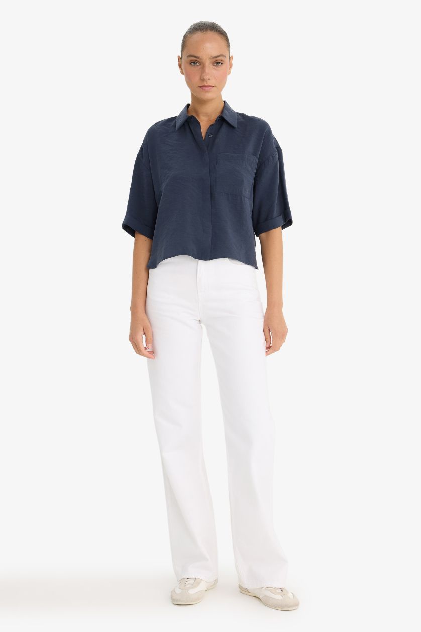 Kadın Lacivert Loose Fit Modal Kısa Kollu Gömlek