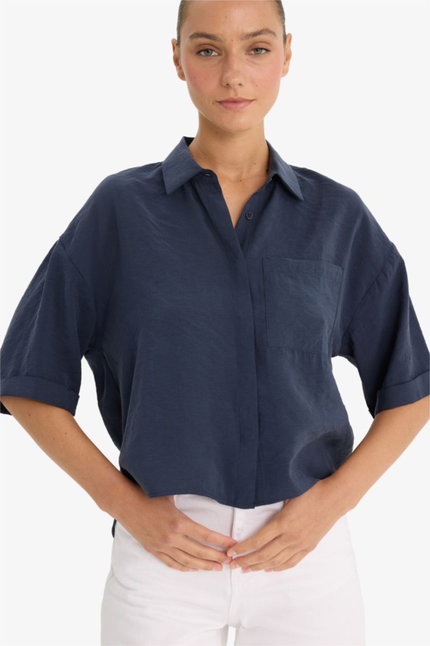 Kadın Lacivert Loose Fit Modal Kısa Kollu Gömlek