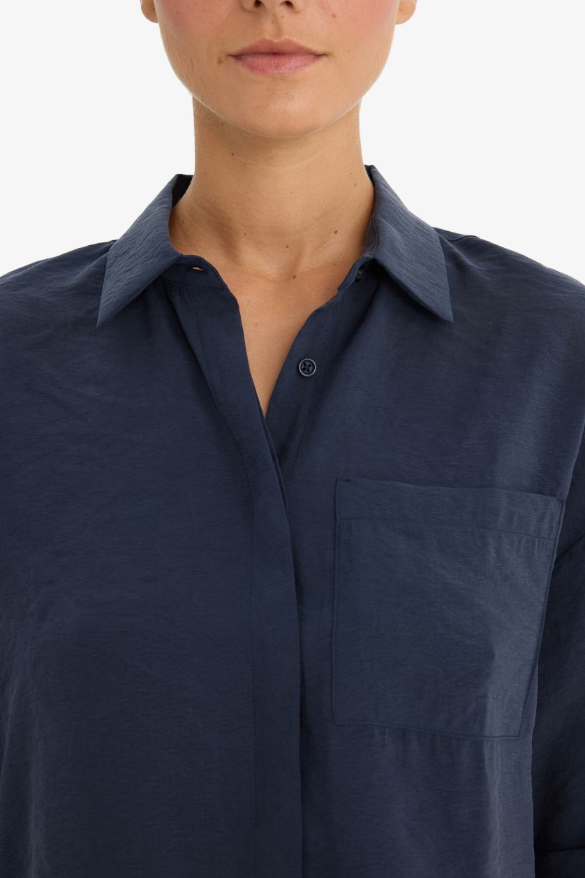 Kadın Lacivert Loose Fit Modal Kısa Kollu Gömlek