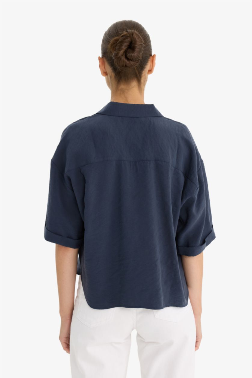 Kadın Lacivert Loose Fit Modal Kısa Kollu Gömlek