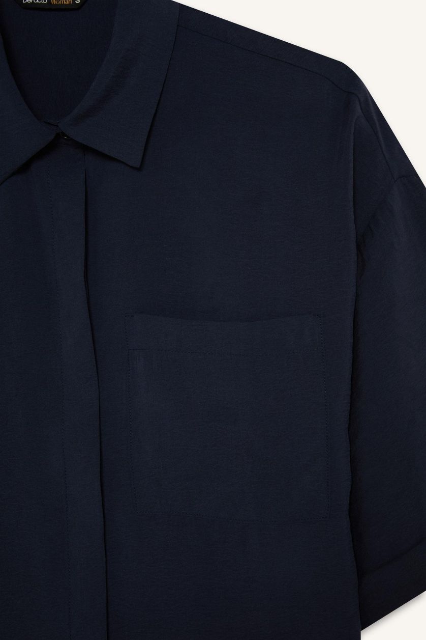 Kadın Lacivert Loose Fit Modal Kısa Kollu Gömlek