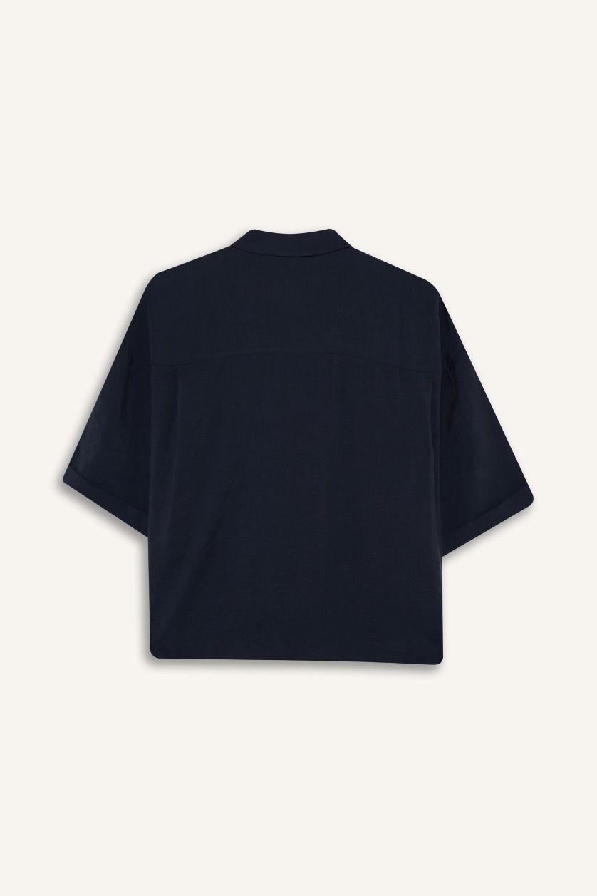 Kadın Lacivert Loose Fit Modal Kısa Kollu Gömlek