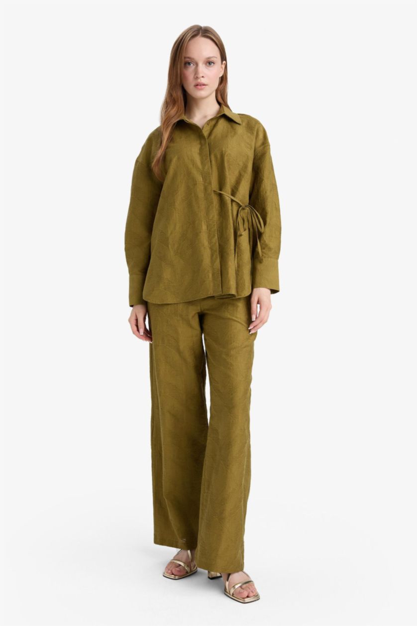 WOMAN Khaki Regular Fit Elastic Waist Jacquard Trousers