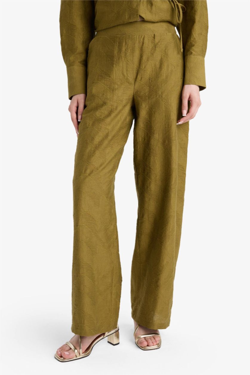 WOMAN Khaki Regular Fit Elastic Waist Jacquard Trousers