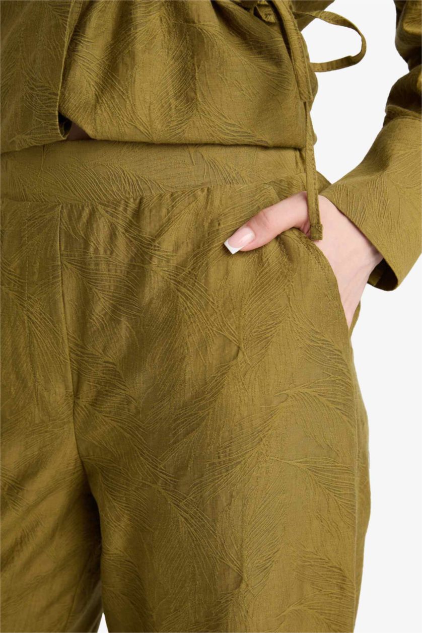 WOMAN Khaki Regular Fit Elastic Waist Jacquard Trousers