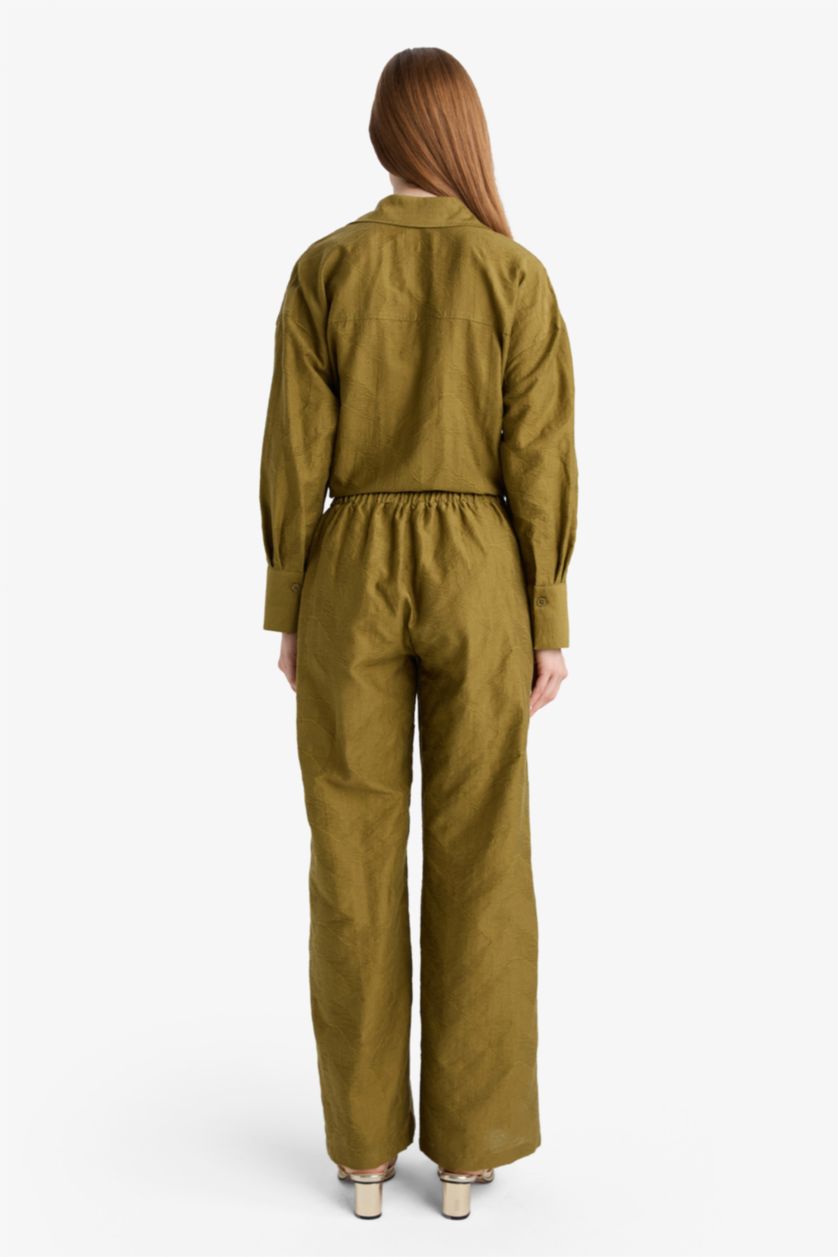 WOMAN Khaki Regular Fit Elastic Waist Jacquard Trousers