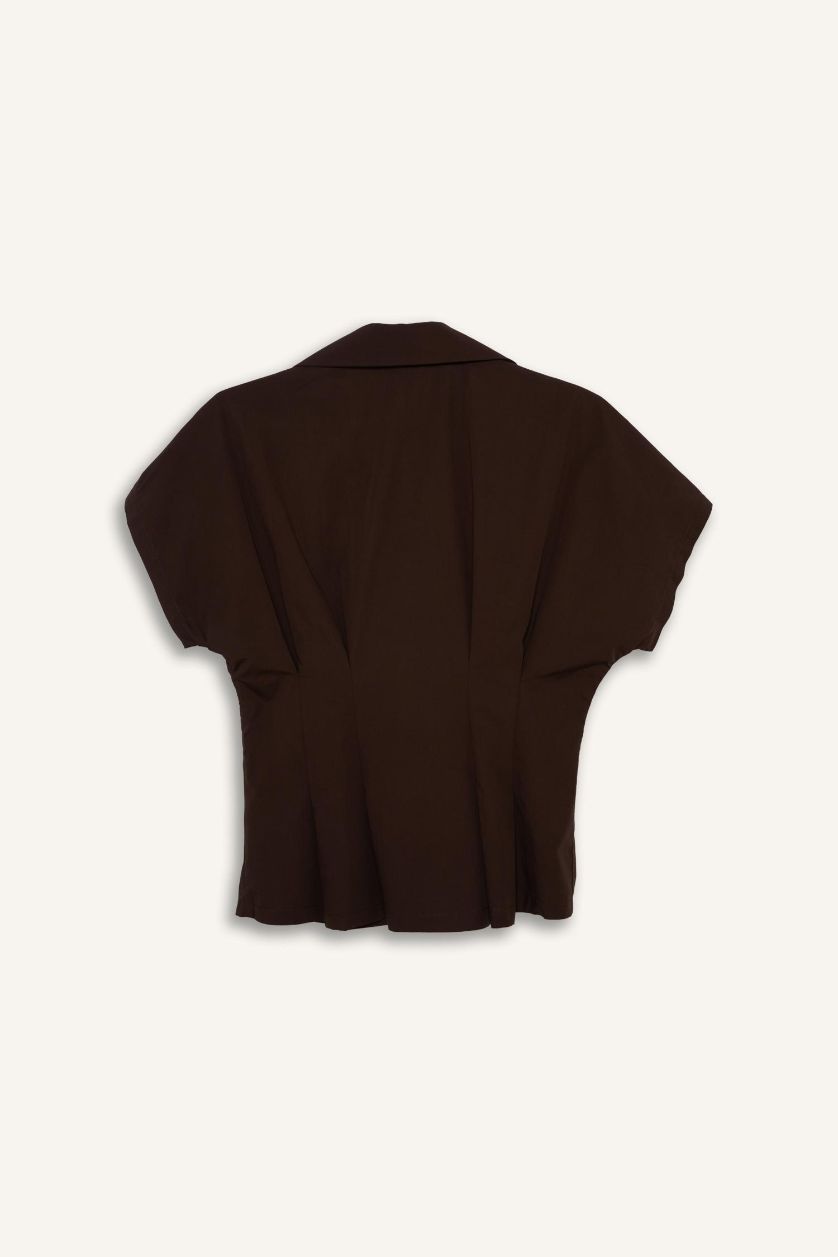 Woman Brown Slim Fit Jacket Collar Poplin Short Sleeve Shirt