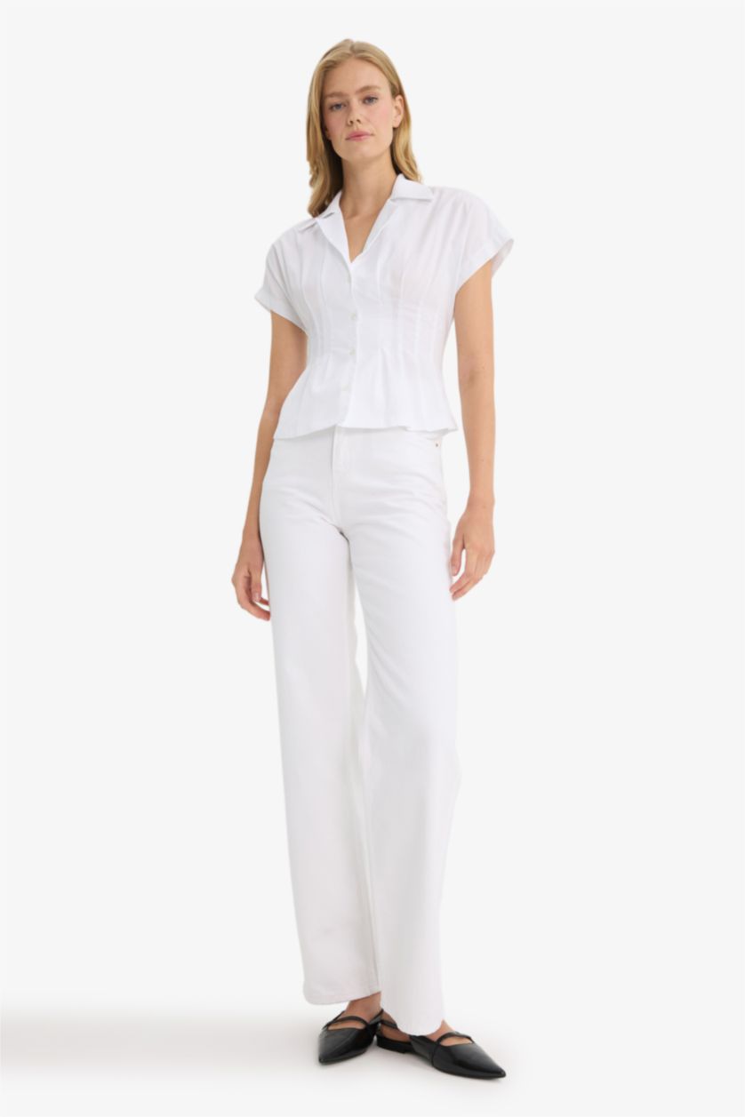 Kadın Beyaz Fıtted Ceket Yaka Poplin Kısa Kollu Gömlek