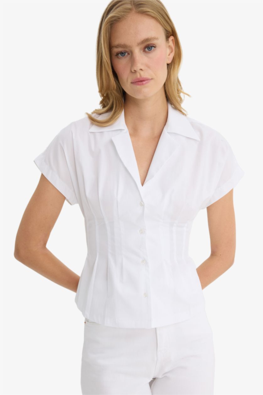 Kadın Beyaz Fıtted Ceket Yaka Poplin Kısa Kollu Gömlek