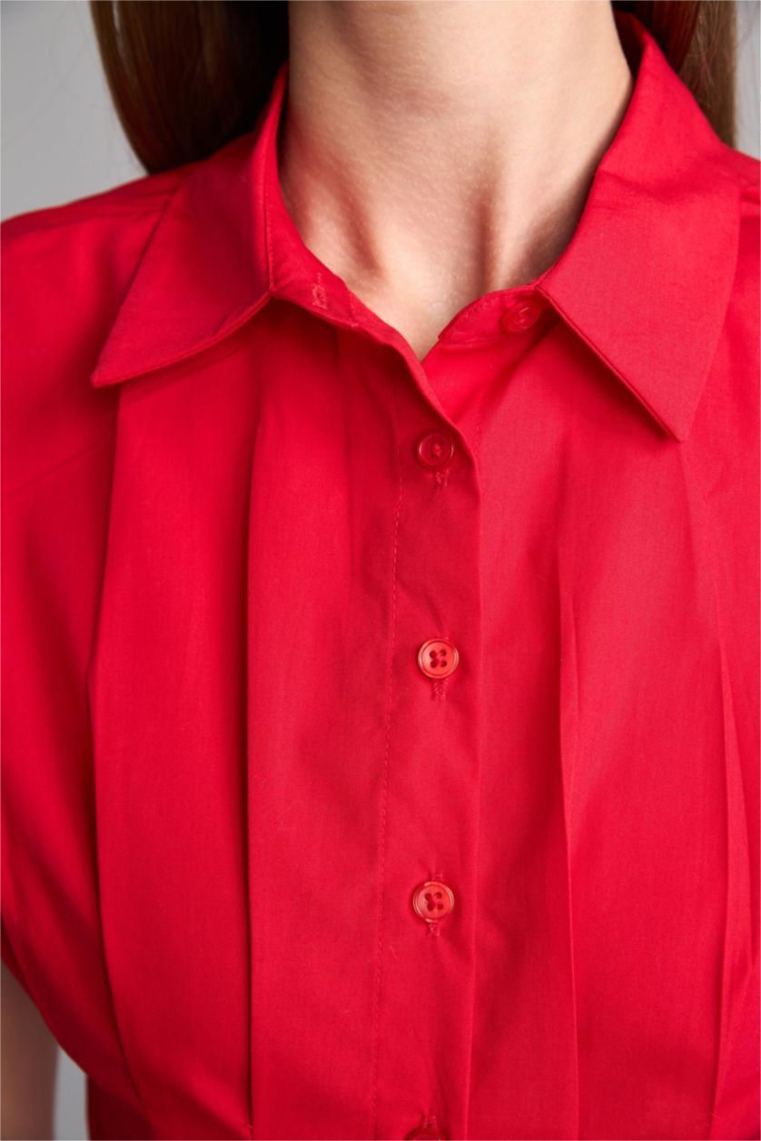 Kadın Kırmızı Fitted Kısa Kollu Poplin Gömlek