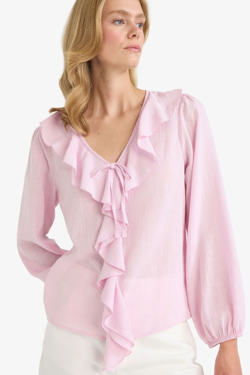 Kadın Açık Pembe Regular Fit V Yaka Volanlı Pamuklu Uzun Kollu Bluz