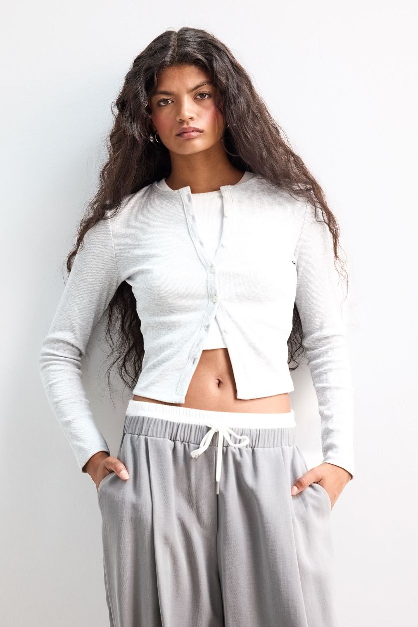 حريمي ميلانج رمادي كارديجان مضلع سليم فيت برقبة مستديرة