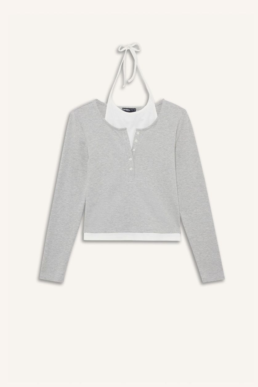Женщины Серый меланж Футболка с длинным рукавом и горловиной на завязках