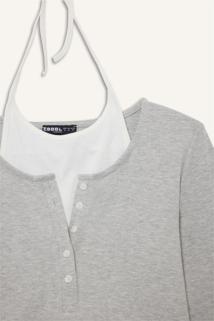 Женщины Серый меланж Футболка с длинным рукавом и горловиной на завязках