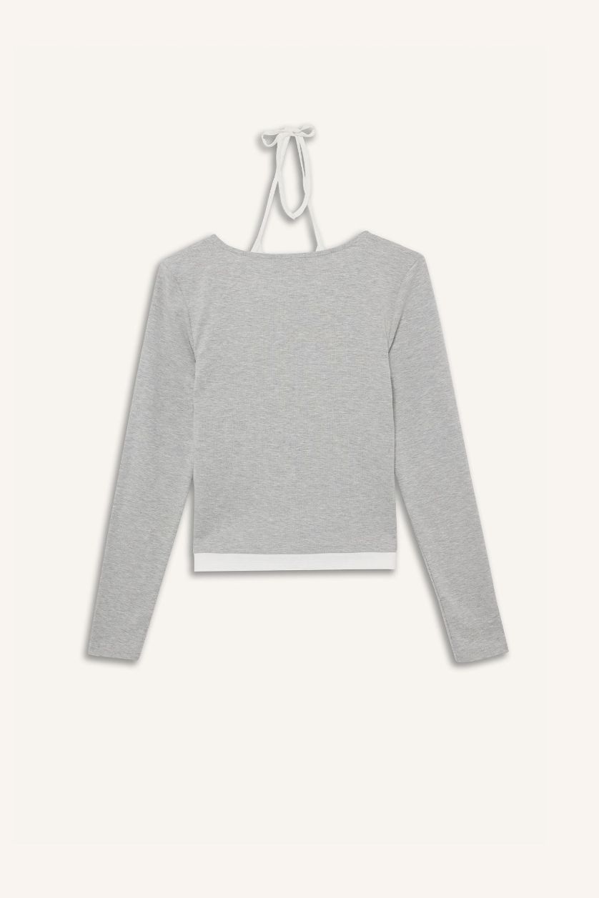 Женщины Серый меланж Футболка с длинным рукавом и горловиной на завязках