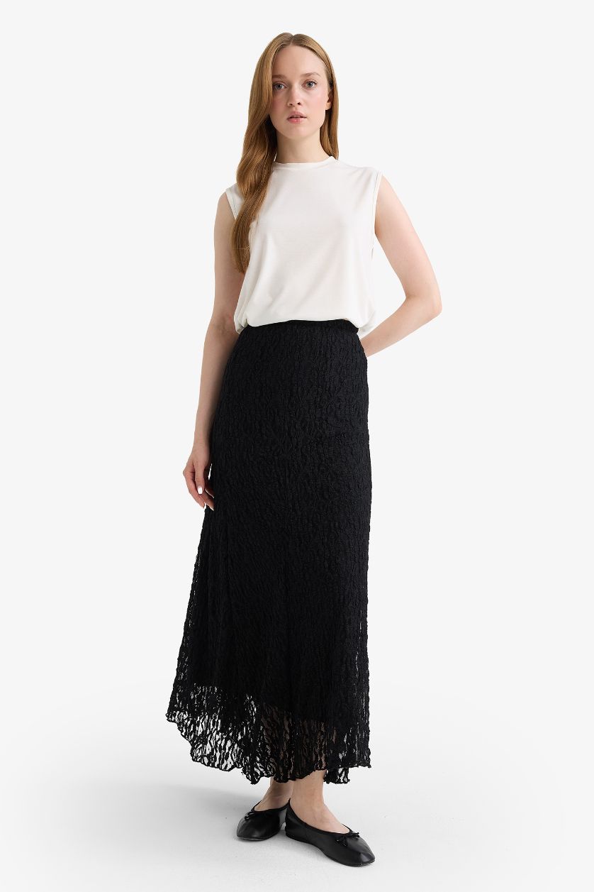 WOMAN Black Asymmetric Lace Knitted Skirt