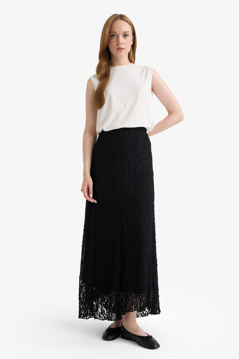 WOMAN Black Asymmetric Lace Knitted Skirt