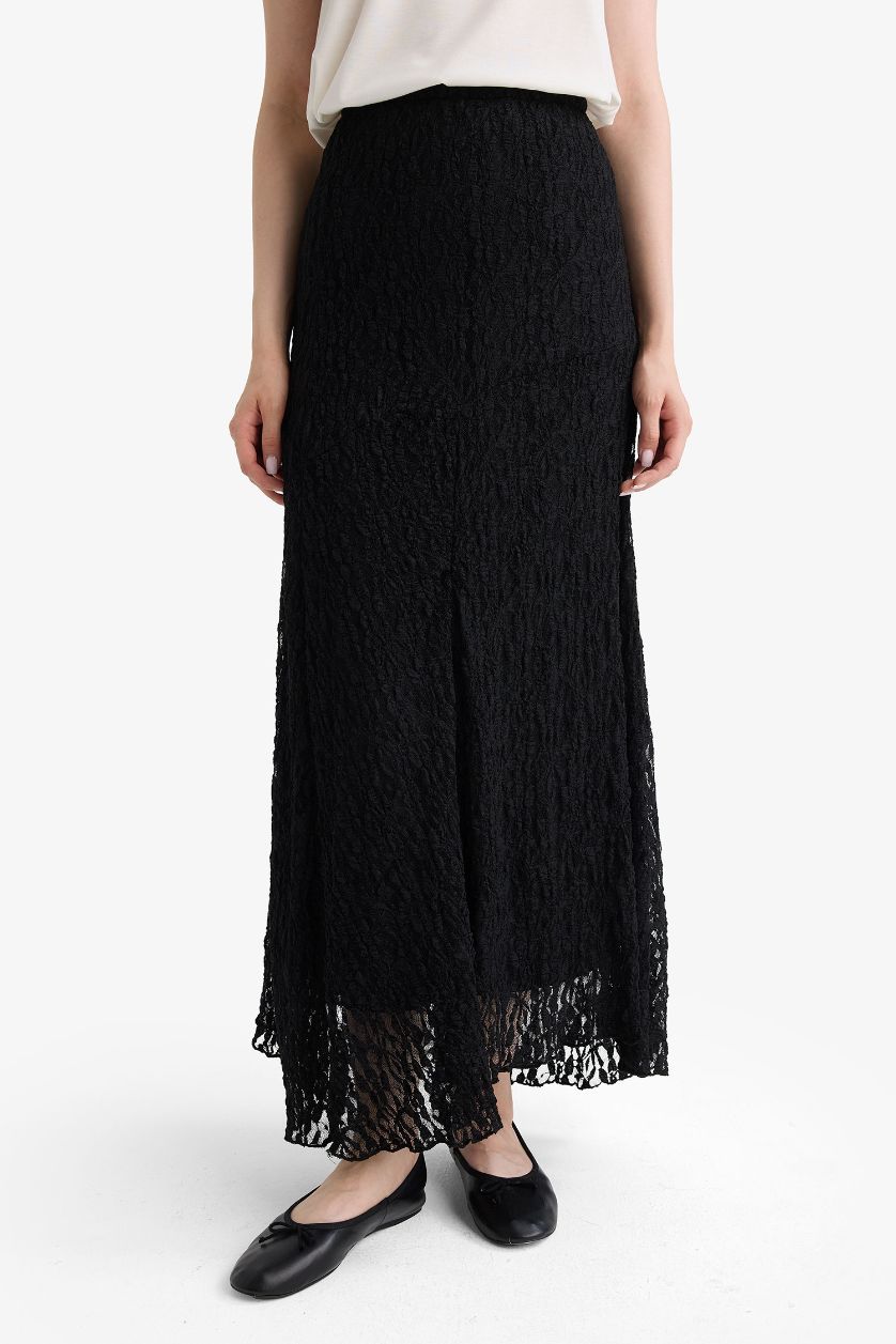 WOMAN Black Asymmetric Lace Knitted Skirt
