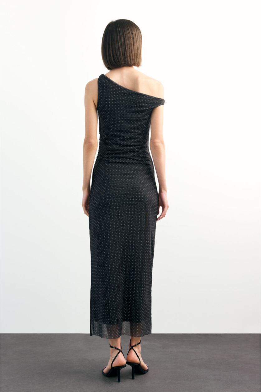 Woman Black Polka Dot Tulle One Shoulder Maxi Dress