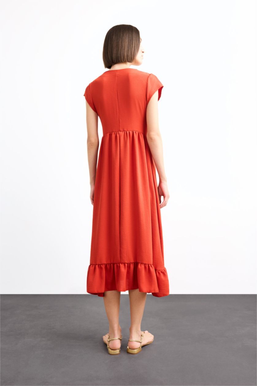 Kadın Kiremit Fitted V Yaka Kısa Kollu Midi Elbise