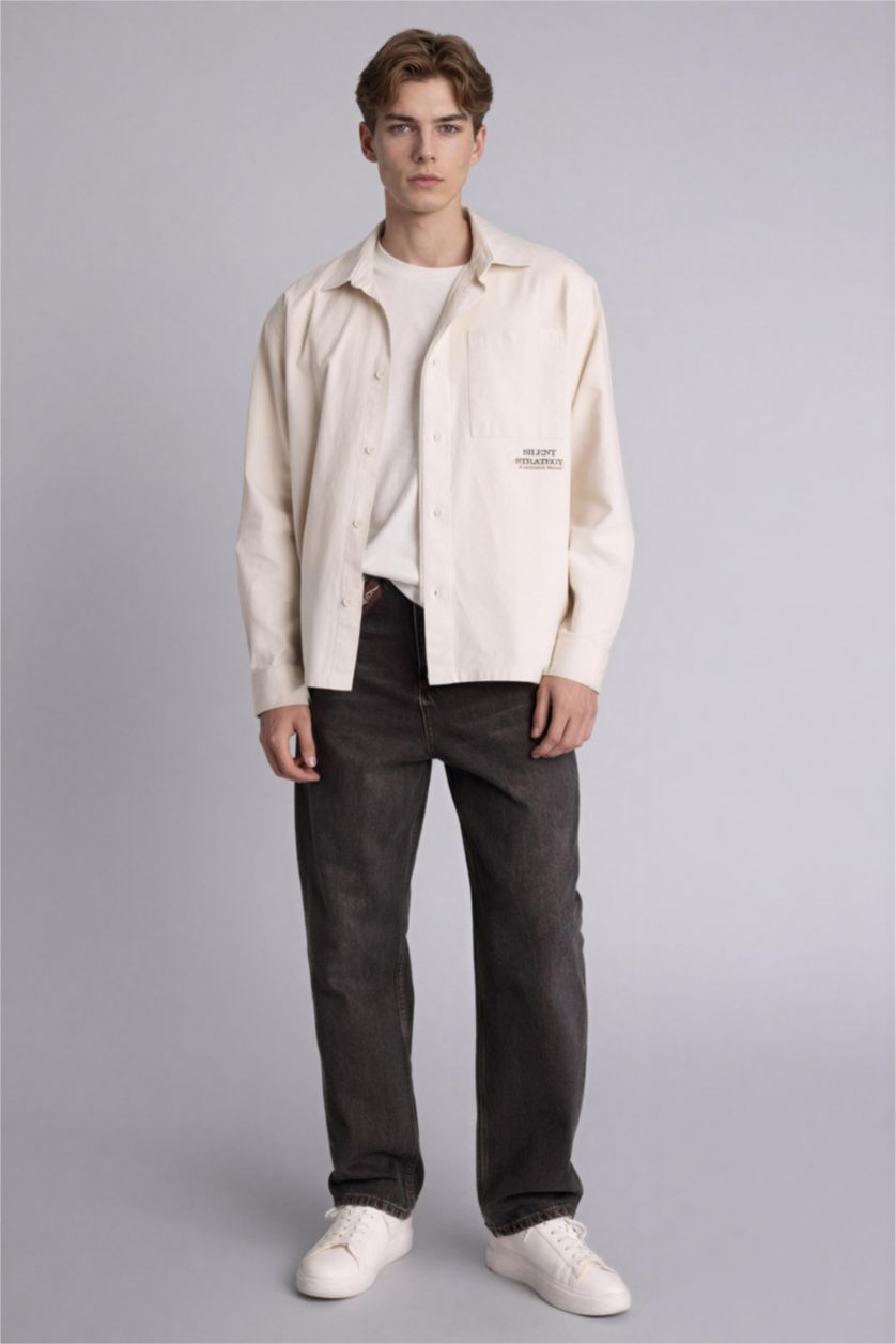 Erkek Taş Boxy Fıt Polo Yaka Baskılı Uzun Kollu Gömlek