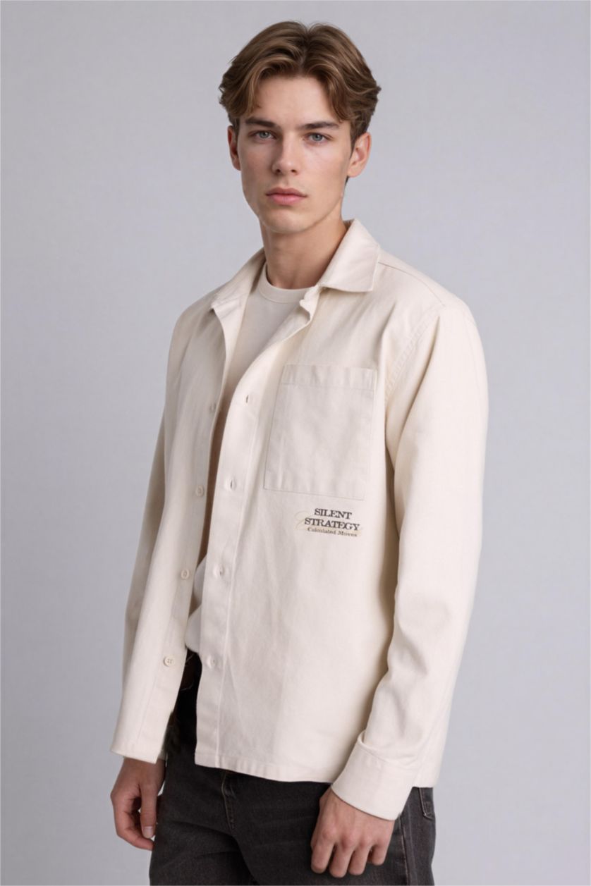 Erkek Taş Boxy Fıt Polo Yaka Baskılı Uzun Kollu Gömlek