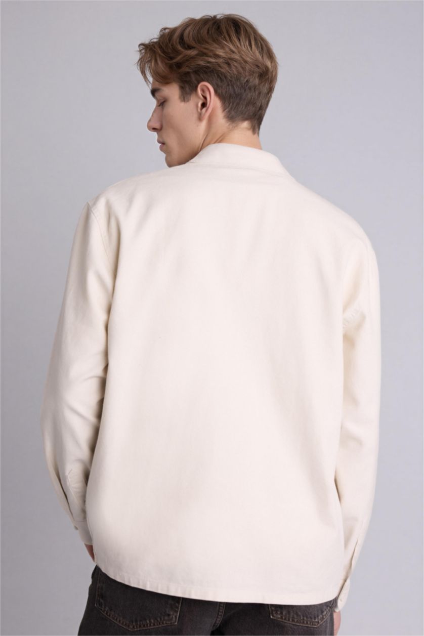 Erkek Taş Boxy Fıt Polo Yaka Baskılı Uzun Kollu Gömlek