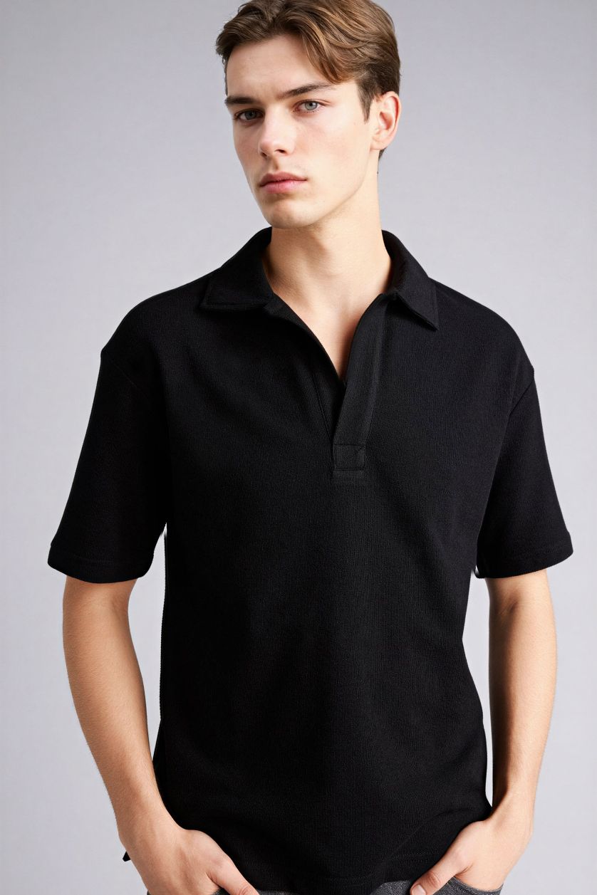 Man Black Boxy Fit Polo Collar Polo T-Shirt