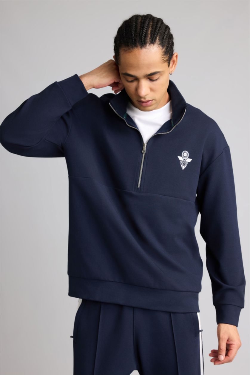 Erkek Lacivert Boxy Fıt Dik Yaka Sporcu Sweatshirt