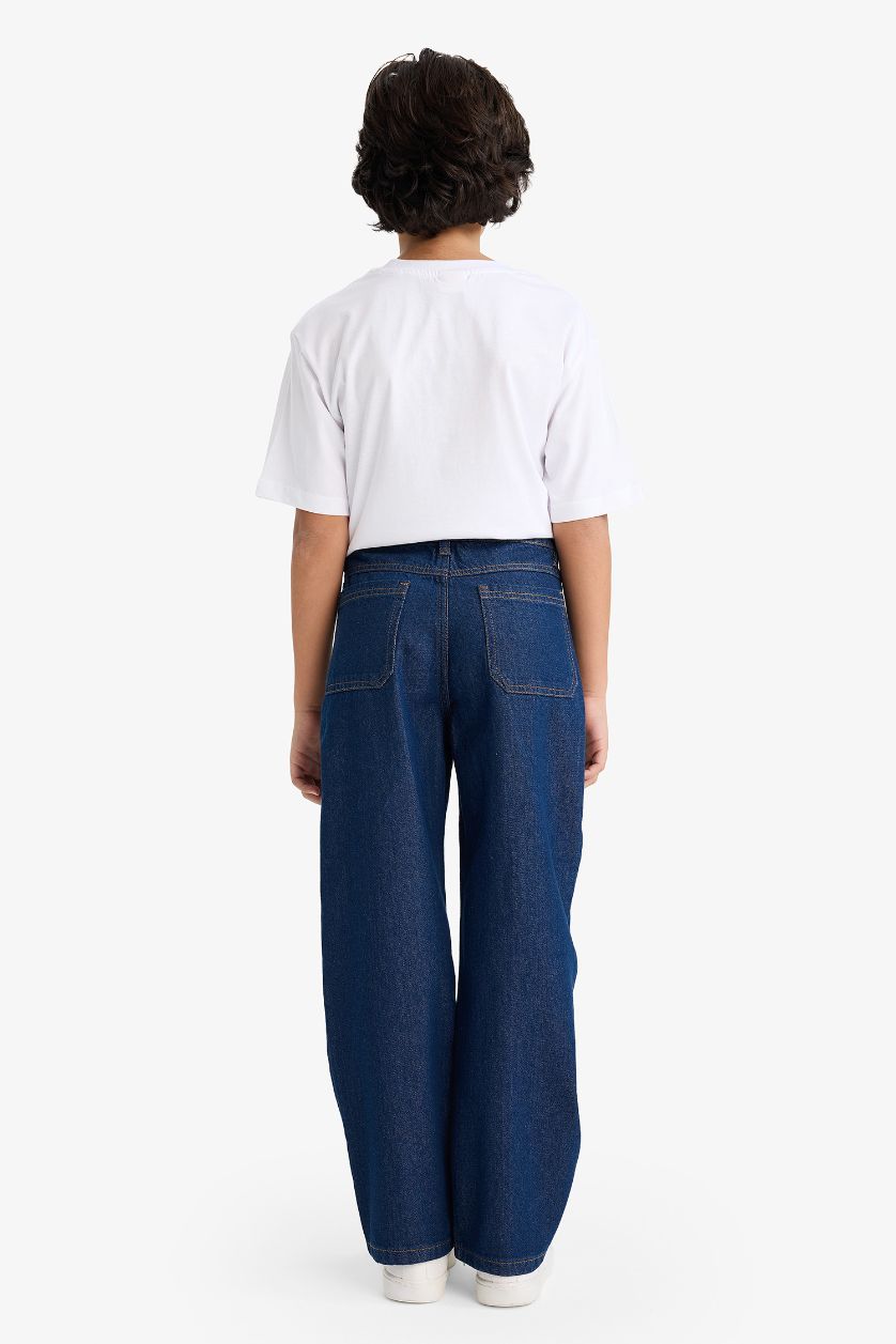 Erkek Çocuk - Genç Erkek Koyu Mavi Wide Leg Düz Paça Jean Pantolon Erkek Çocuk