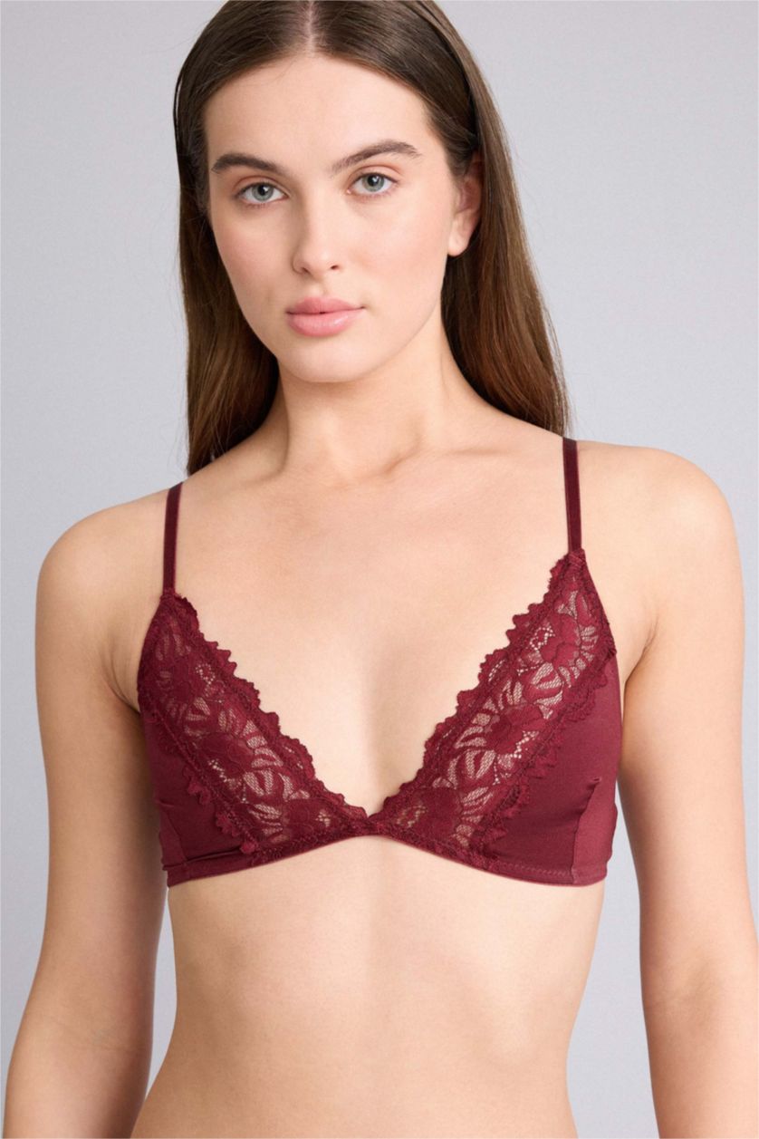 Kadın Bordo Dantel Detaylı Saten Kapsız Pedsiz Balensiz Bralet