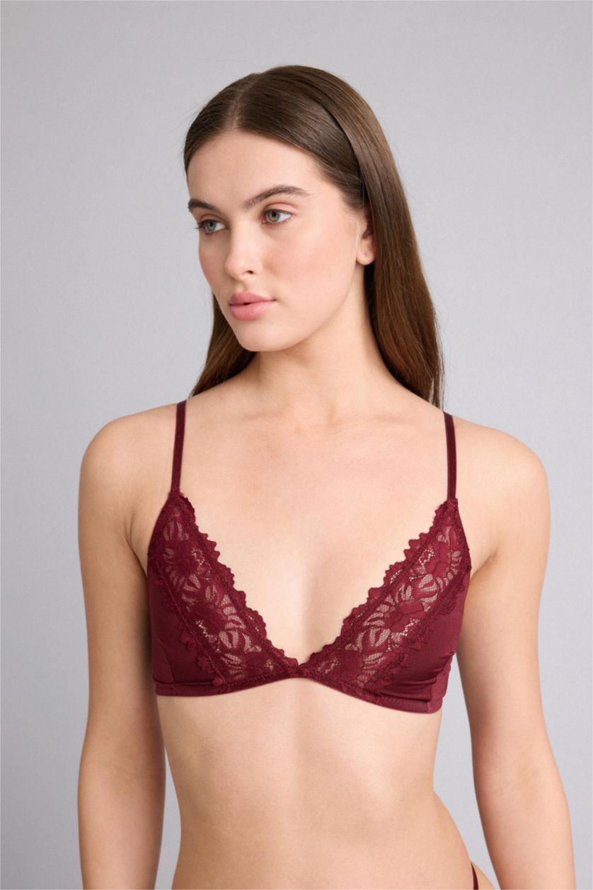 Kadın Bordo Dantel Detaylı Saten Kapsız Pedsiz Balensiz Bralet