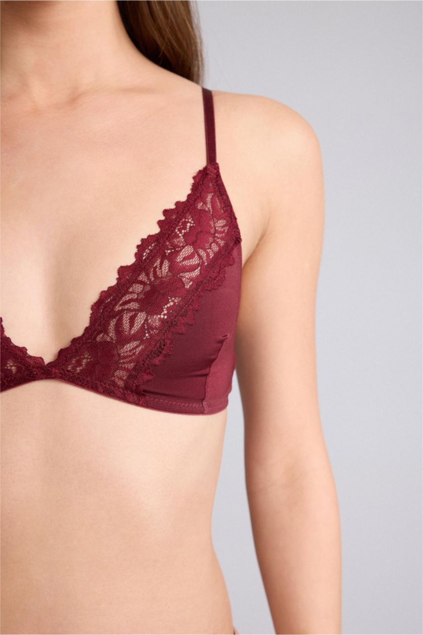Kadın Bordo Dantel Detaylı Saten Kapsız Pedsiz Balensiz Bralet