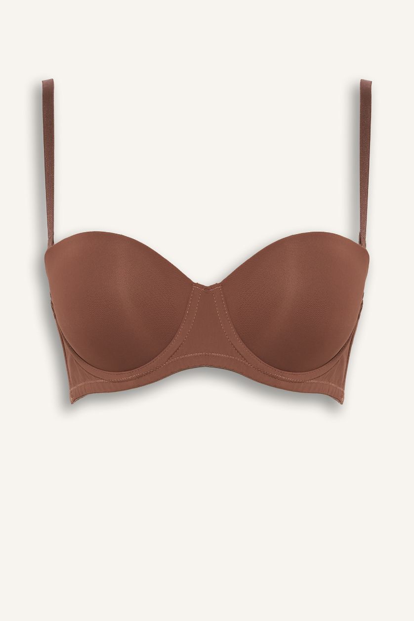 Kadın Açık Kahve Micro Kaplı Yarım Dolgulu Balenli Straplez Sütyen