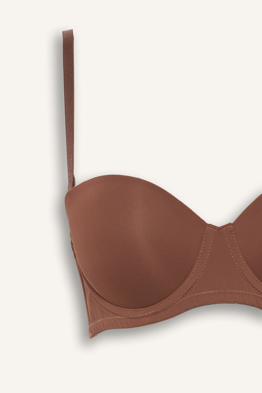 Kadın Açık Kahve Micro Kaplı Yarım Dolgulu Balenli Straplez Sütyen