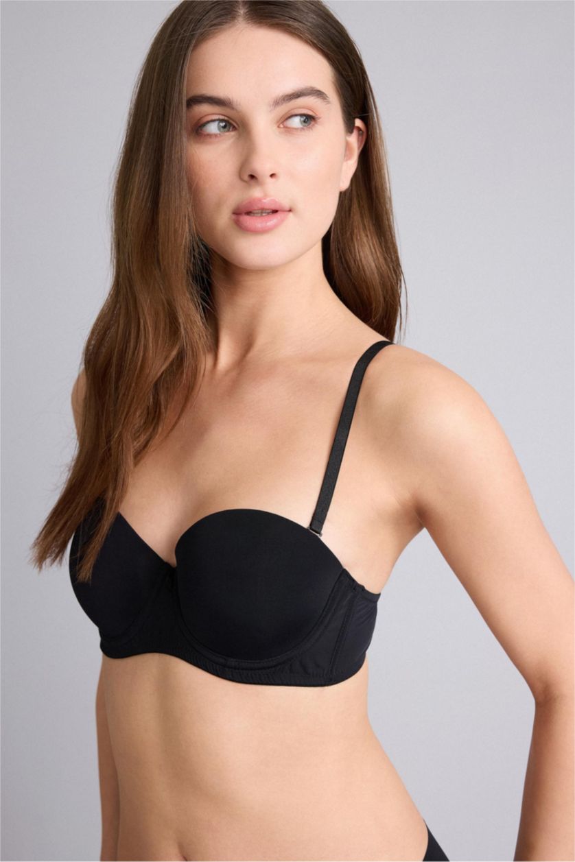 WOMAN Black Micro Covered Half Padded Underwired Strapless Bra
