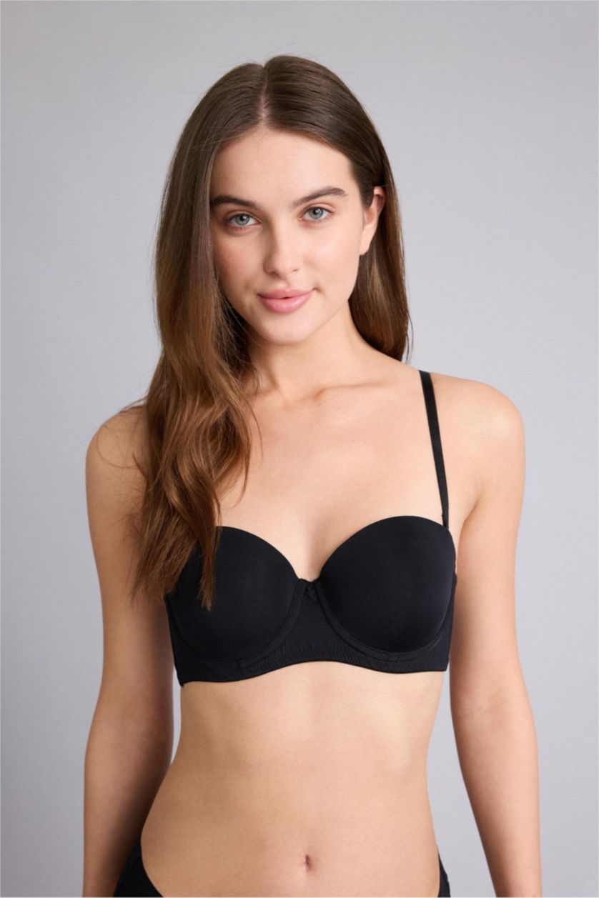 WOMAN Black Micro Covered Half Padded Underwired Strapless Bra