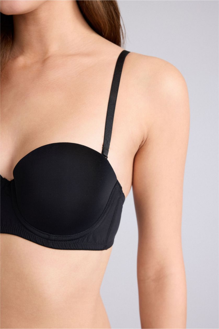 WOMAN Black Micro Covered Half Padded Underwired Strapless Bra