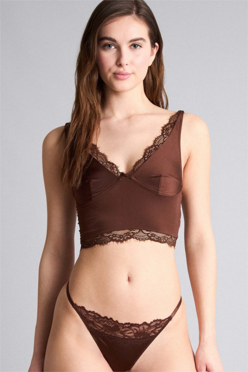 WOMAN Brown Lace Satin Slip Panty