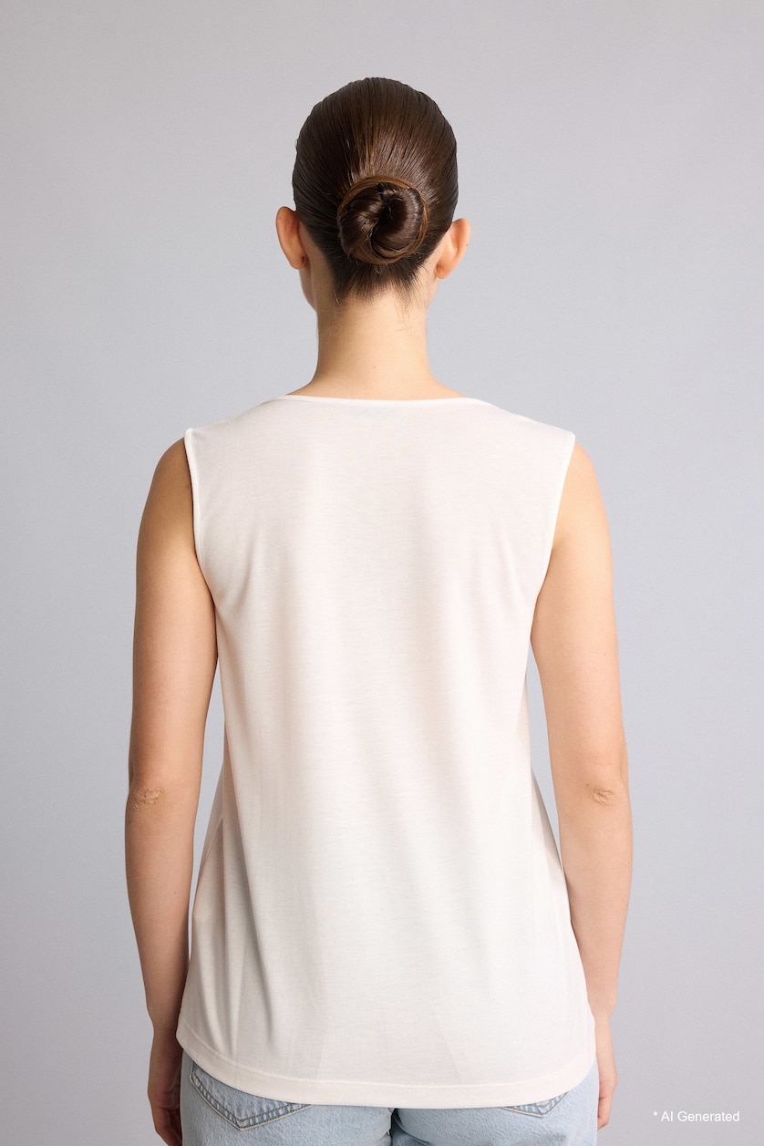 Women Ecru Ecru V-Neck Lace Detail Tank Top