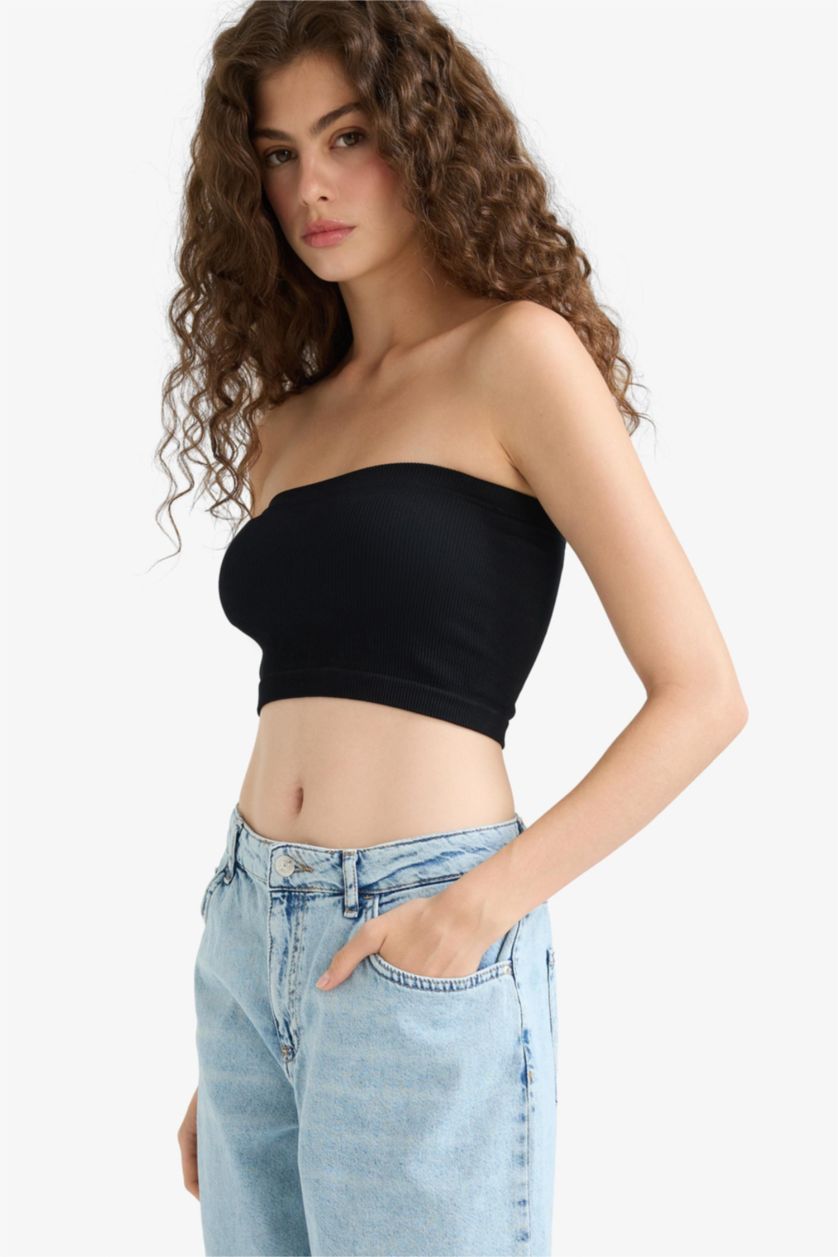 Kadın Siyah Fitted Seamless Straplez Bluz