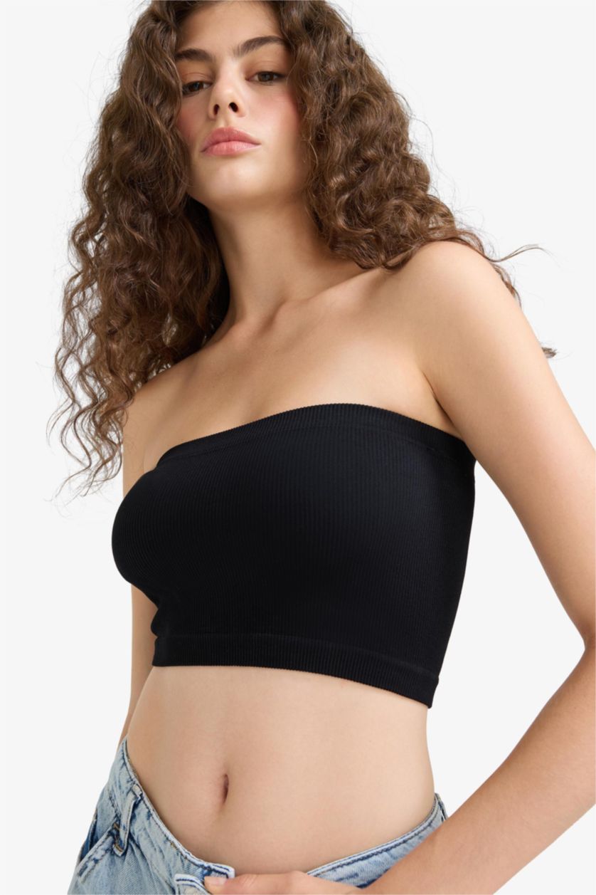 Kadın Siyah Fitted Seamless Straplez Bluz