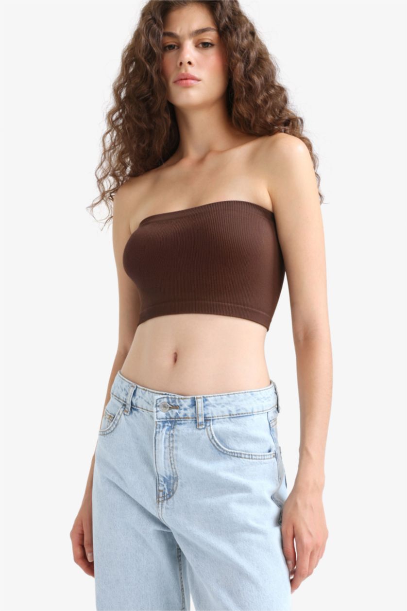 Woman Dark Brown Fitted Seamless Top