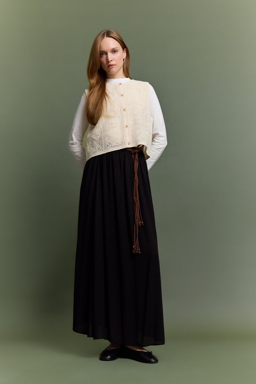 Kadın Siyah A Kesim Krinkıl Viskon Maxi Etek