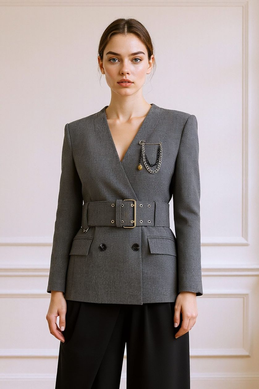 Kadın Antrasit Fıtted V Yaka Tafta Blazer Ceket